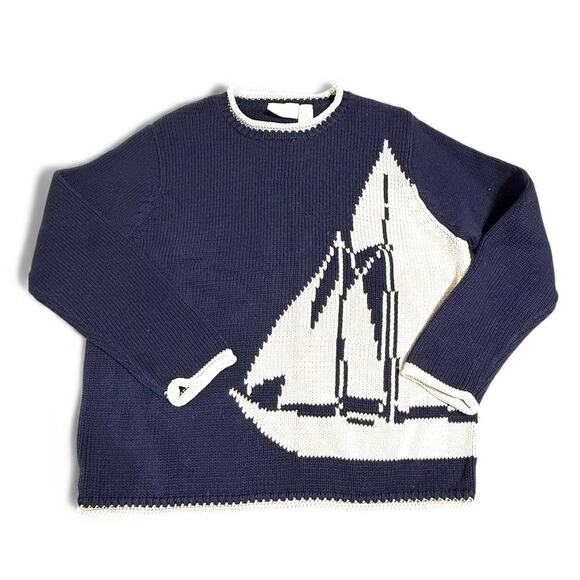 Liz Claiborne Liz&Co XL Sweater 100% Cotton Navy Nautical Sailboat Knit Pullover - Picture 1 of 5